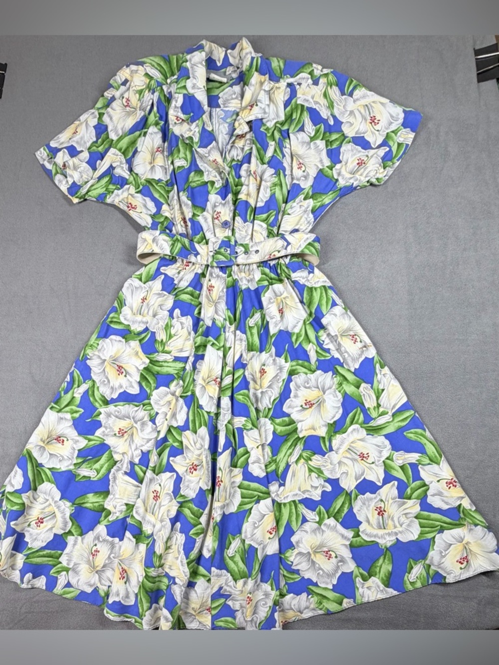 Vintage Carol Anderson Petites Blue Floral Dress with Belted Waist
